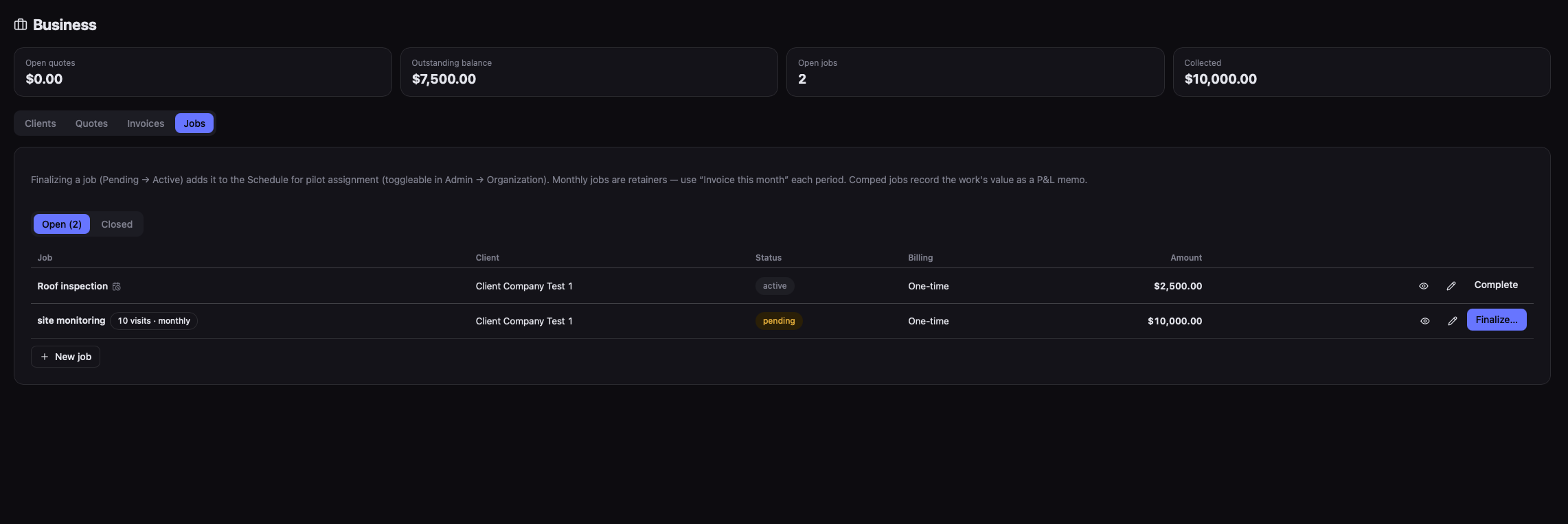 Business suite jobs list with statuses, billing, and multi-visit scheduling