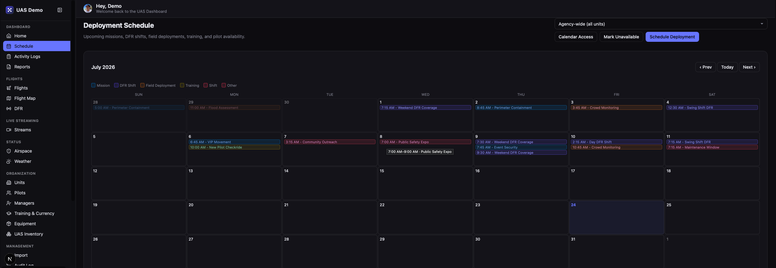 Deployment schedule calendar with missions, DFR shifts, and training