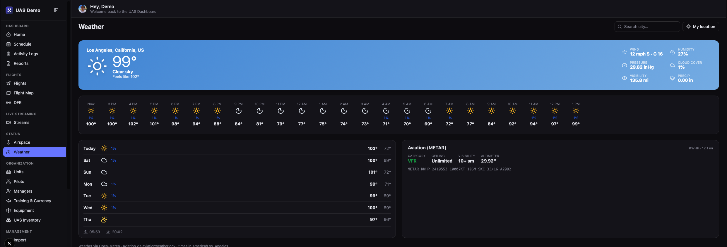 Weather page with hourly forecast and aviation METAR